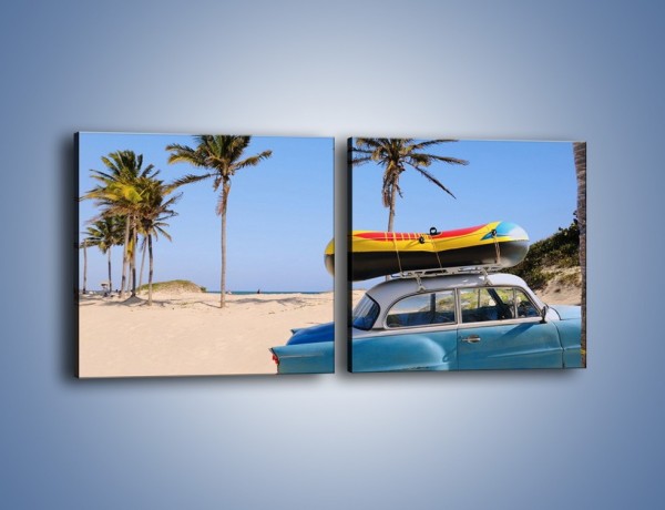Obraz na płótnie – Zabytkowy samochód na kubańskiej plaży – dwuczęściowy kwadratowy poziomy TM021