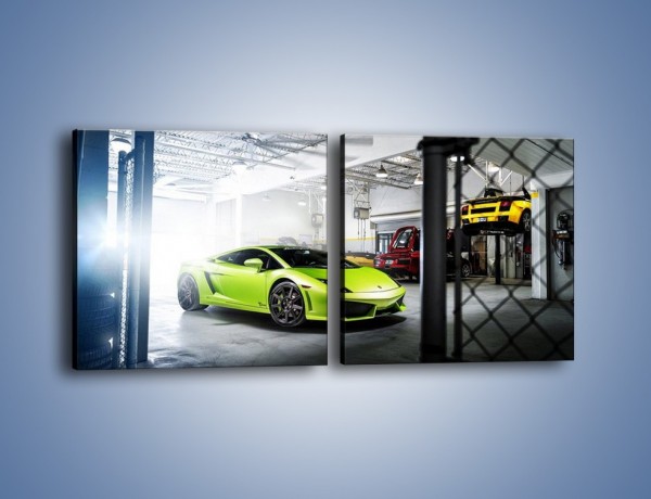 Obraz na płótnie – Limonkowe Lamborghini Gallardo w garażu – dwuczęściowy kwadratowy poziomy TM206
