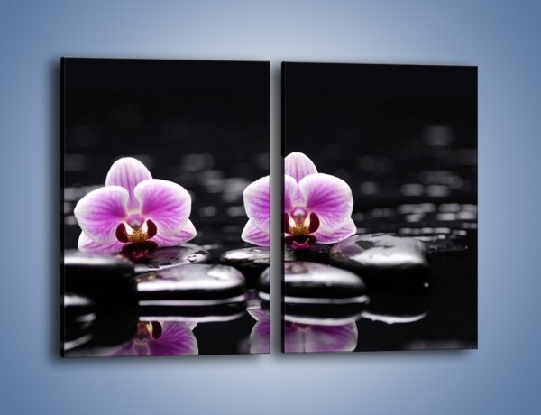 Obraz na płótnie – Duet kwiatowy i czarna woda – dwuczęściowy prostokątny pionowy K1029
