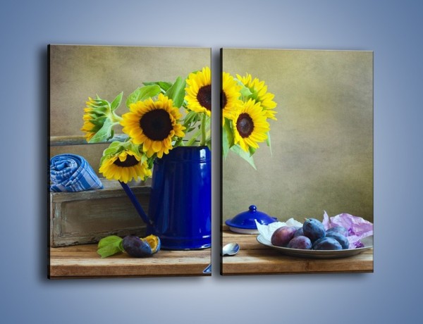 Obraz na płótnie – Słoneczniki w niebieskiej konewce – dwuczęściowy prostokątny pionowy K420