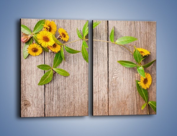 Obraz na płótnie – Słoneczne kwiatuszki na deskach – dwuczęściowy prostokątny pionowy K645