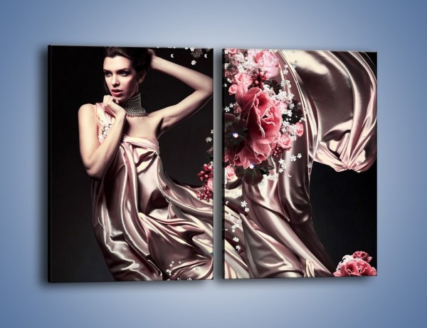 Obraz na płótnie – Kobieta otulona jedwabiem i kwiatami – dwuczęściowy prostokątny pionowy L199