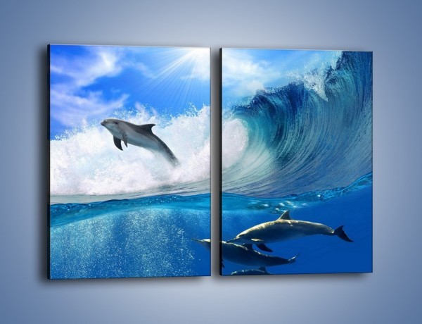 Obraz na płótnie – Z delfinami przez falę – dwuczęściowy prostokątny pionowy Z073