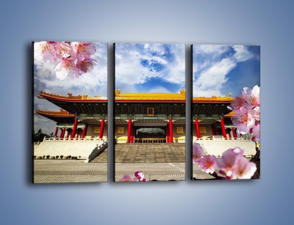 Obraz na płótnie – Azjatycka architektura z kwiatami – trzyczęściowy AM298W2