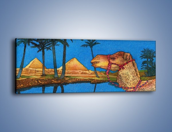 Obraz na płótnie – Piramidy i uśmiechnięty wielbłąd – jednoczęściowy panoramiczny GR047