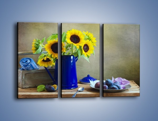 Obraz na płótnie – Słoneczniki w niebieskiej konewce – trzyczęściowy K420W2