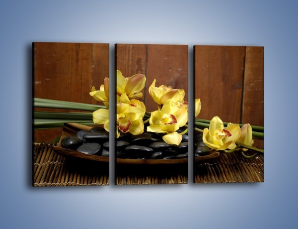 Obraz na płótnie – Kwiaty na drewnianym naczyniu – trzyczęściowy K575W2