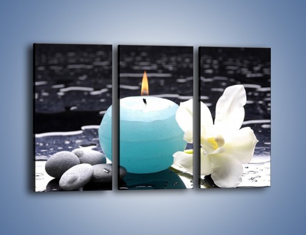 Obraz na płótnie – Błękit świecy z kwiatem – trzyczęściowy K887W2
