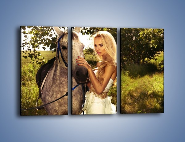 Obraz na płótnie – Koń z kobietą w bieli – trzyczęściowy L331W2