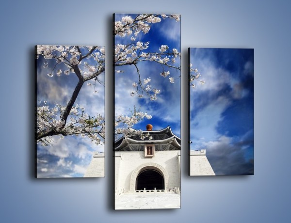 Obraz na płótnie – Azjatycka architektura z białymi kwiatami – trzyczęściowy AM300W3