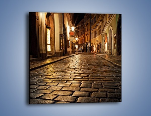 Obraz na płótnie – Wybrukowana uliczka w świetle nocnych lamp – jednoczęściowy kwadratowy AM060