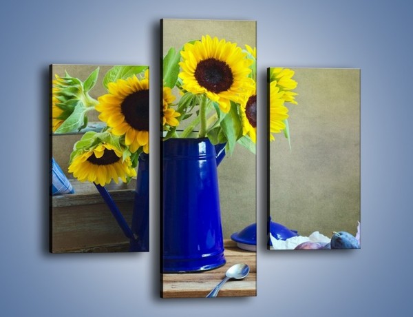 Obraz na płótnie – Słoneczniki w niebieskiej konewce – trzyczęściowy K420W3