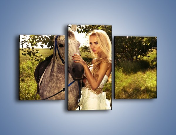 Obraz na płótnie – Koń z kobietą w bieli – trzyczęściowy L331W3