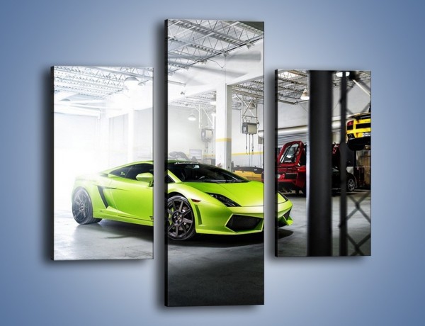 Obraz na płótnie – Limonkowe Lamborghini Gallardo w garażu – trzyczęściowy TM206W3
