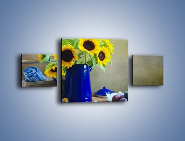 Obraz na płótnie – Słoneczniki w niebieskiej konewce – trzyczęściowy K420W4