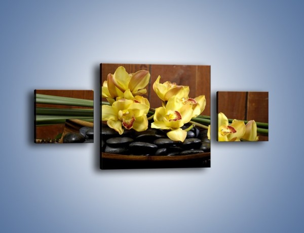 Obraz na płótnie – Kwiaty na drewnianym naczyniu – trzyczęściowy K575W4