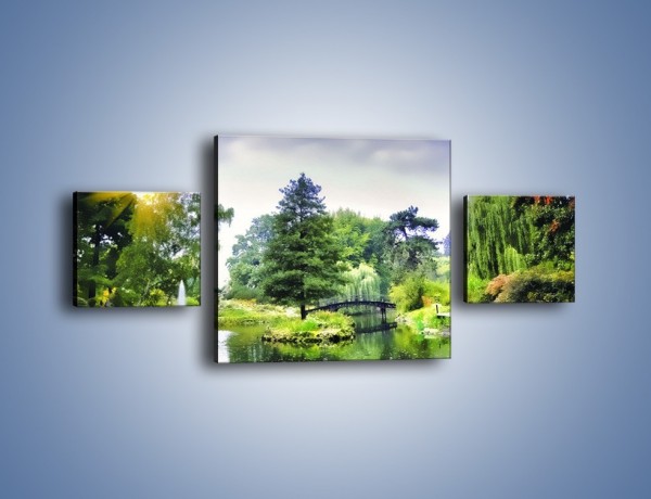 Obraz na płótnie – Drzewka woda i mostek – trzyczęściowy KN1114W4