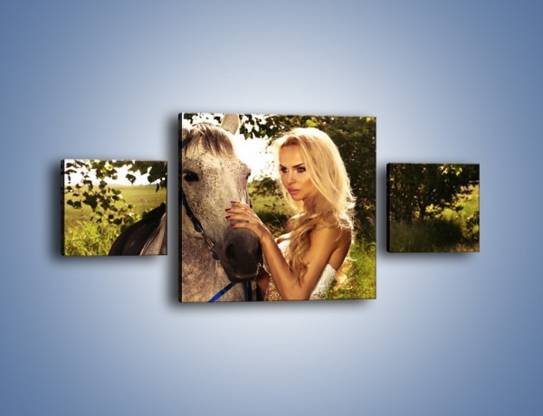Obraz na płótnie – Koń z kobietą w bieli – trzyczęściowy L331W4
